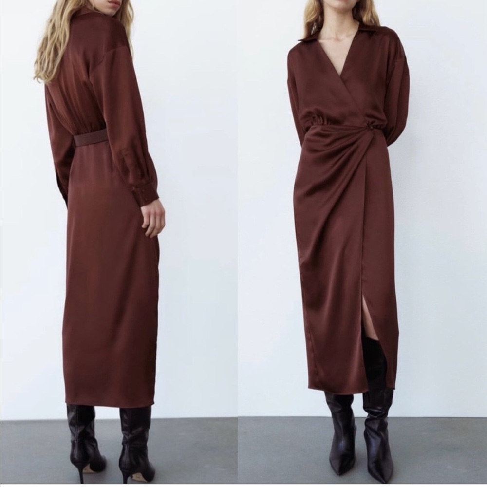 Zara Satin Effect Brown Wrap midi Dress